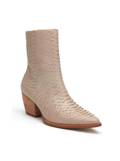 Ivory snakeskin  heeled ankle boot, front.