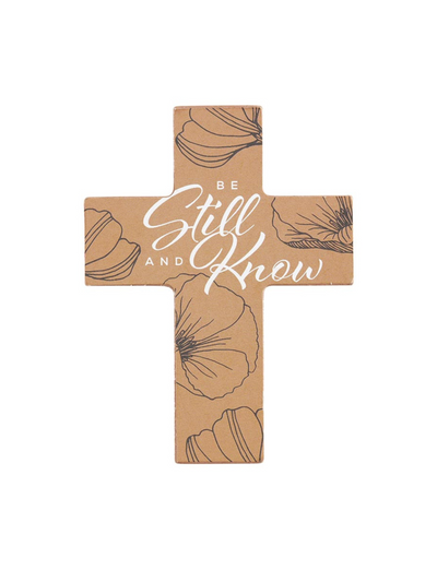 "Be Still and Know" neutral floral petite easel cross.