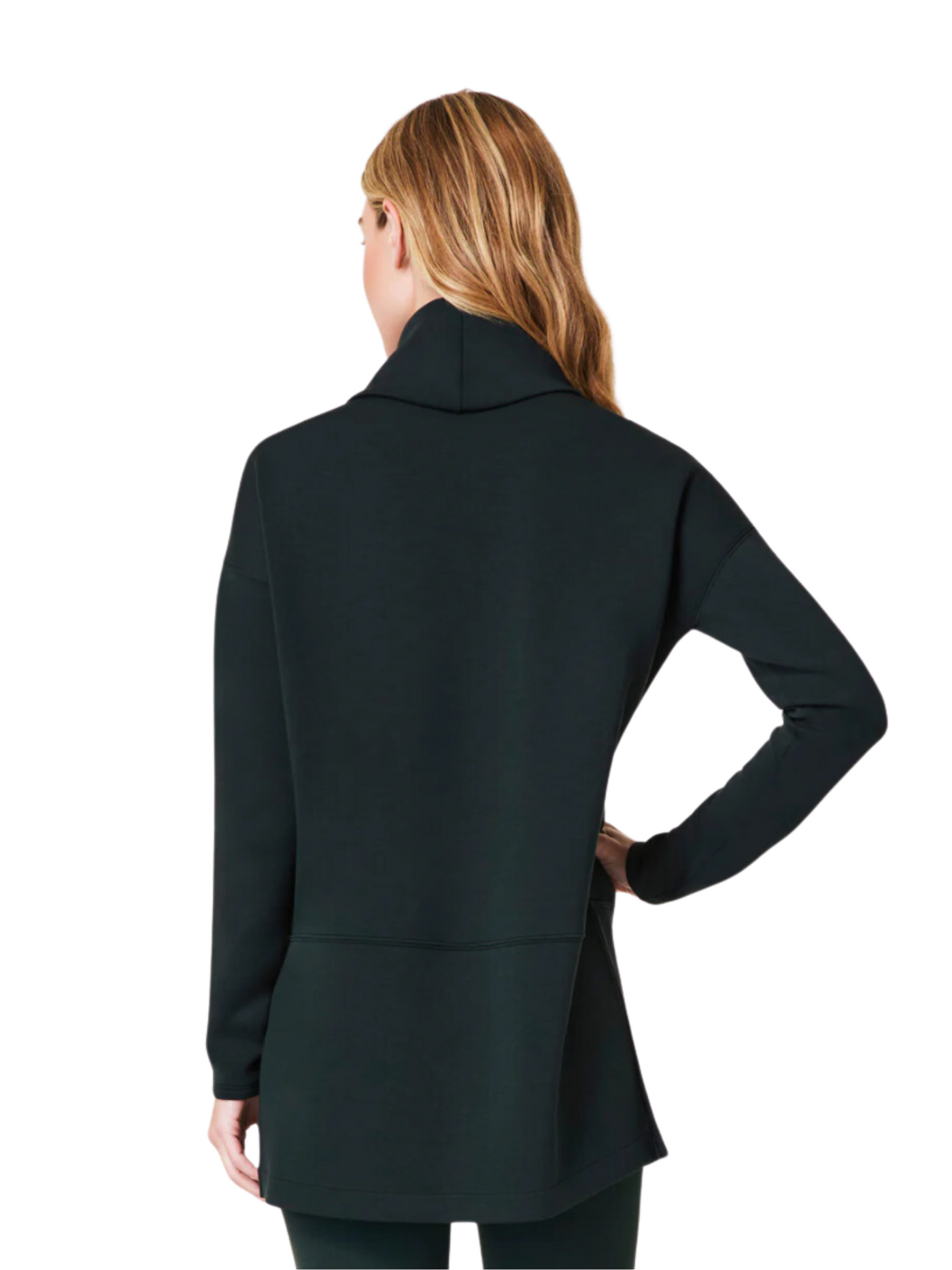 Spanx air essentials essex green turtleneck tunic on model, closeup, back view.