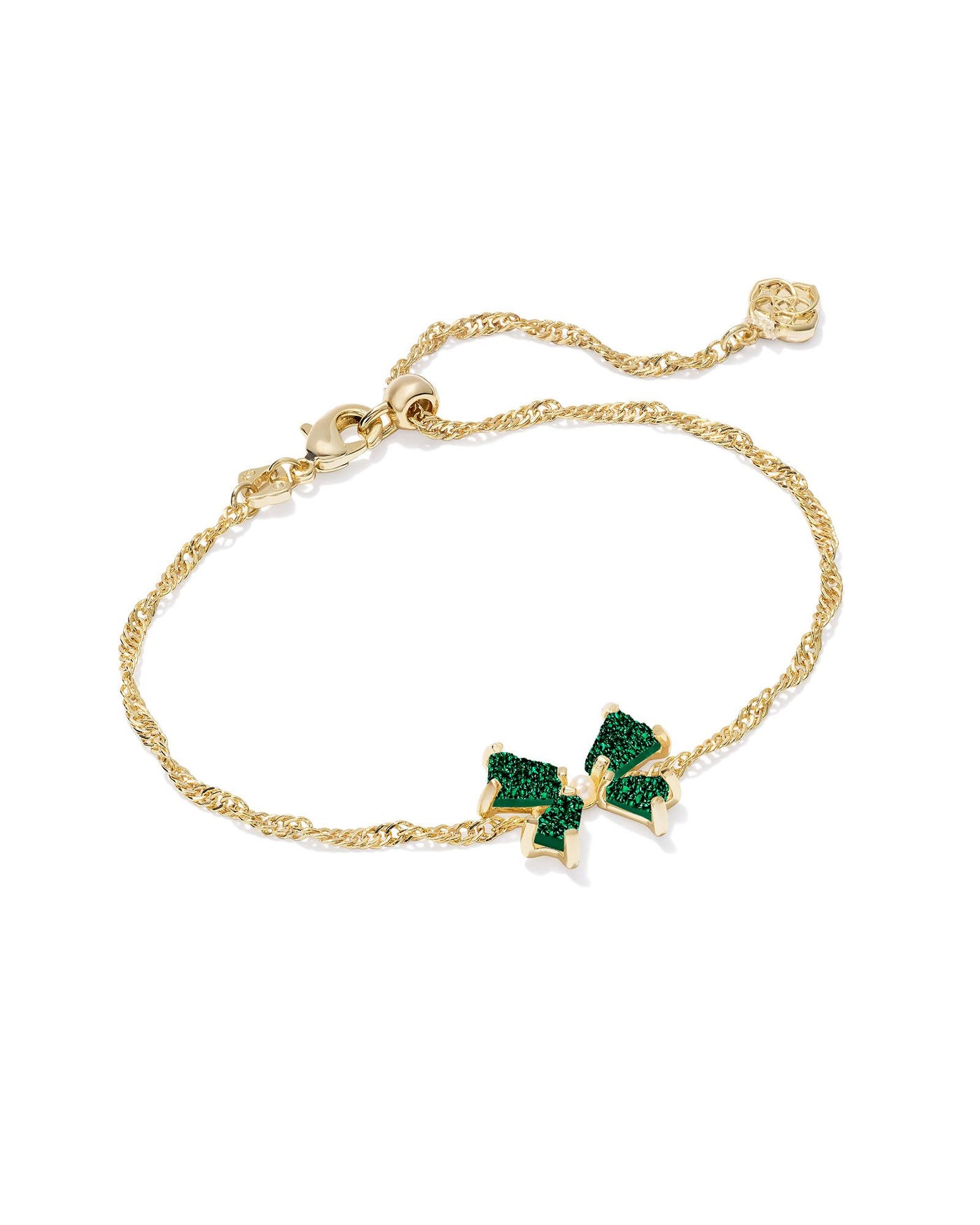 Gold bracelet with emerald drusy bow pendant and pearl center.