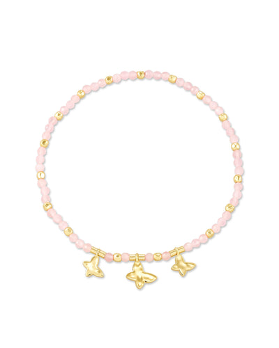 Gold and pink beaded stretch bracelet with gold butterfly charms.