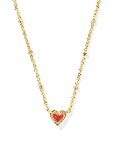 Gold Necklace with Red Kyocera Opal Heart Pendant, closeup.