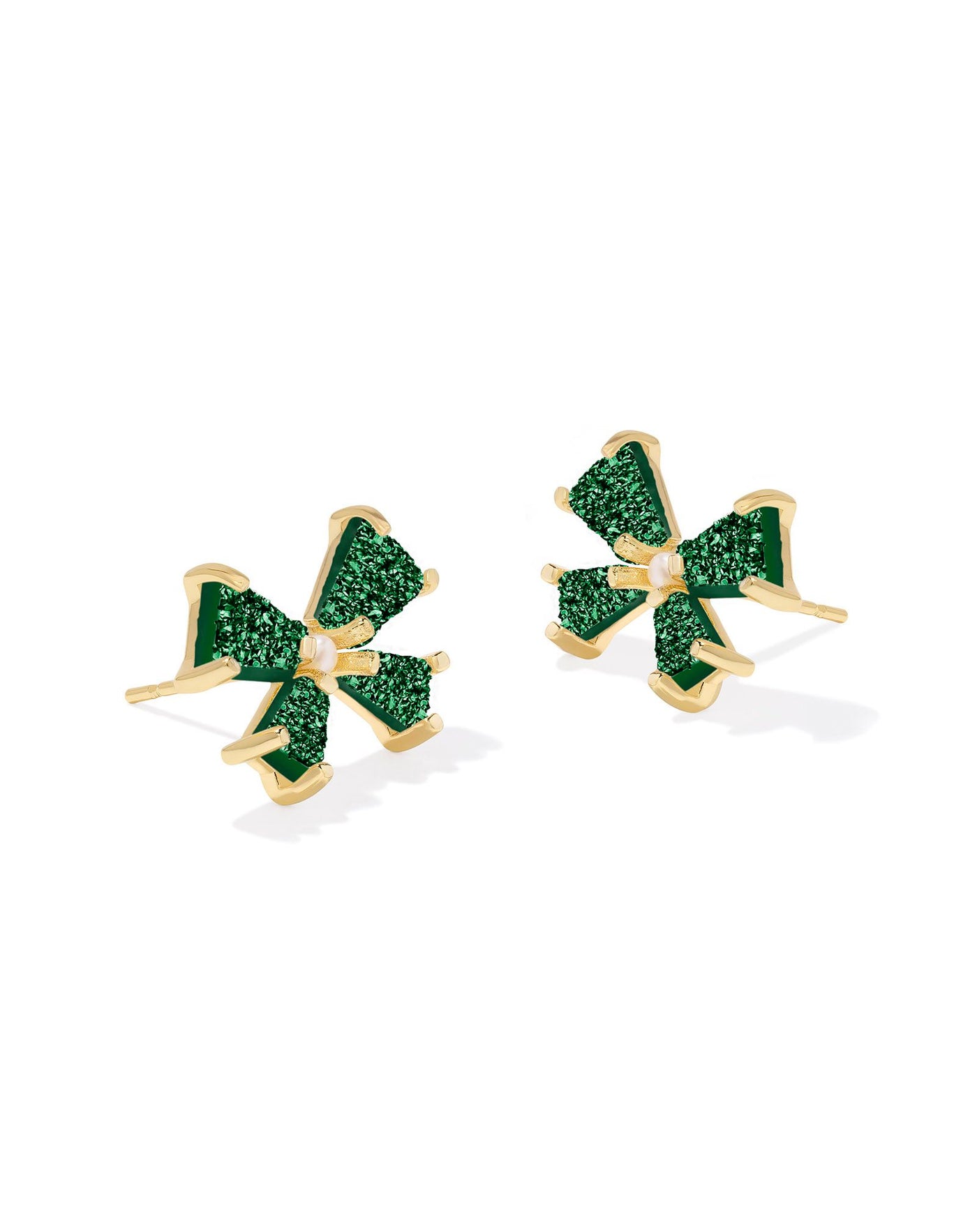 Gold emerald drusy bow stud earrings with pearl center.