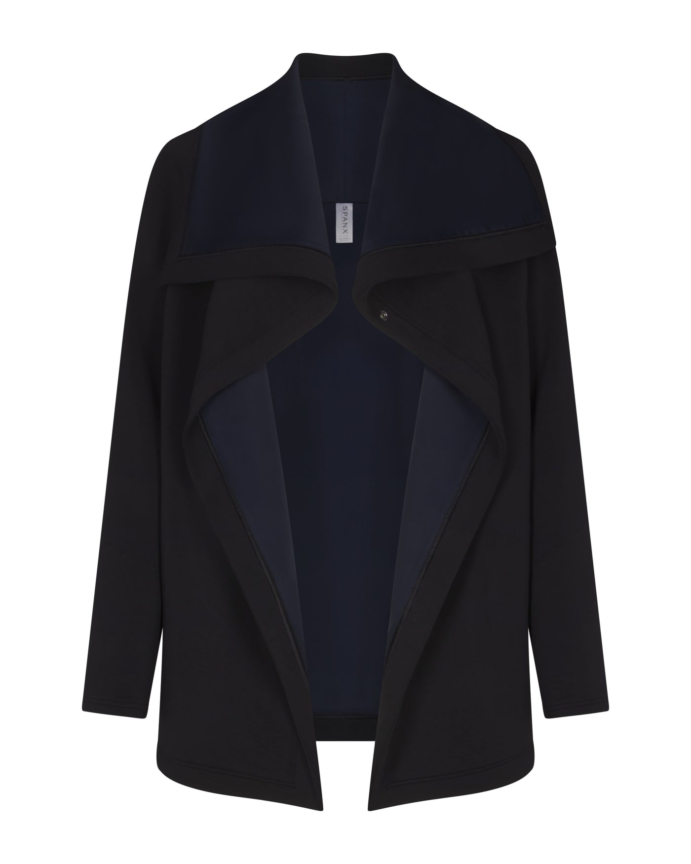 Black drape snap-front cardigan.